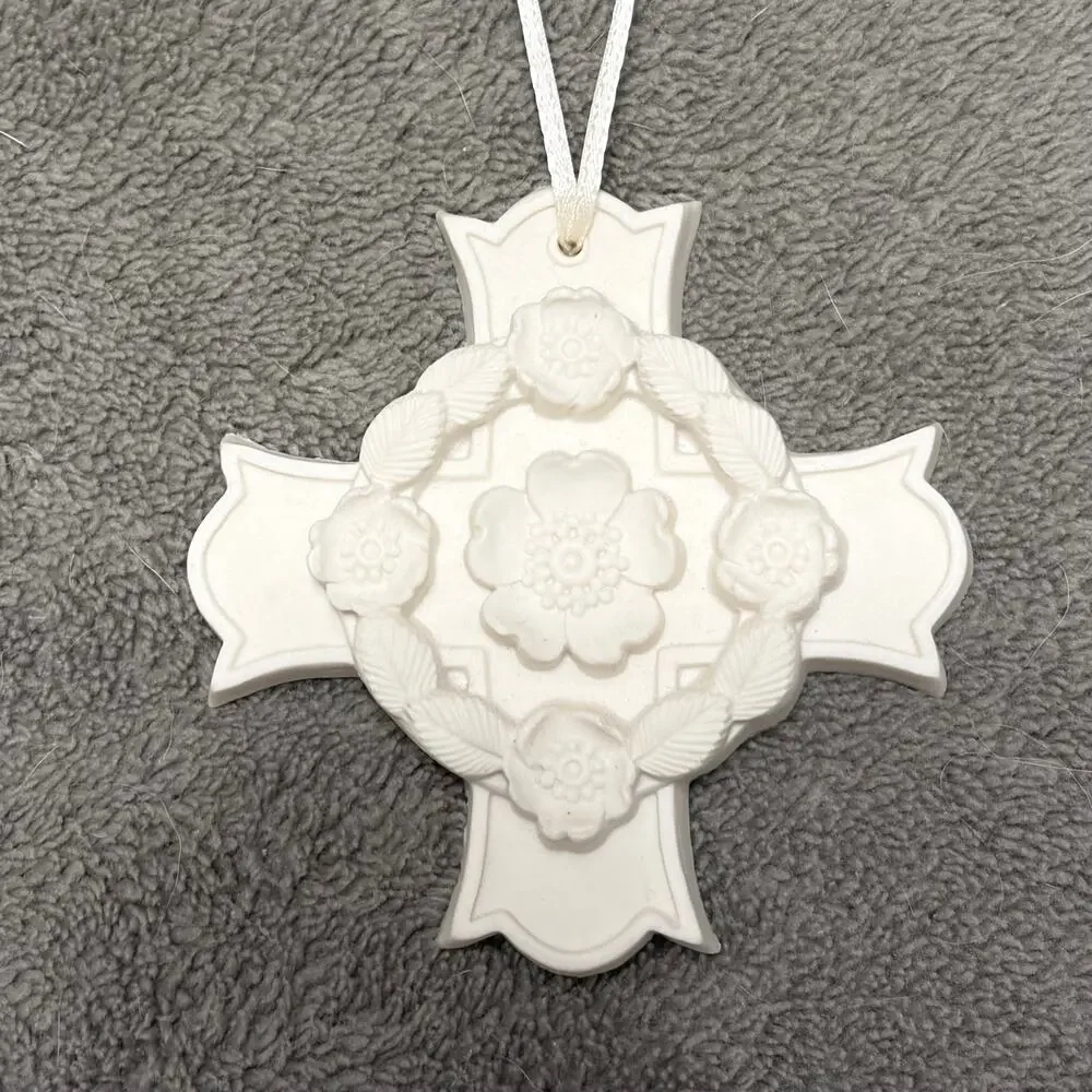 Vtg Margaret Furlong Blooms Of Hope Floral Cross Bisque Christmas Ornament 1998